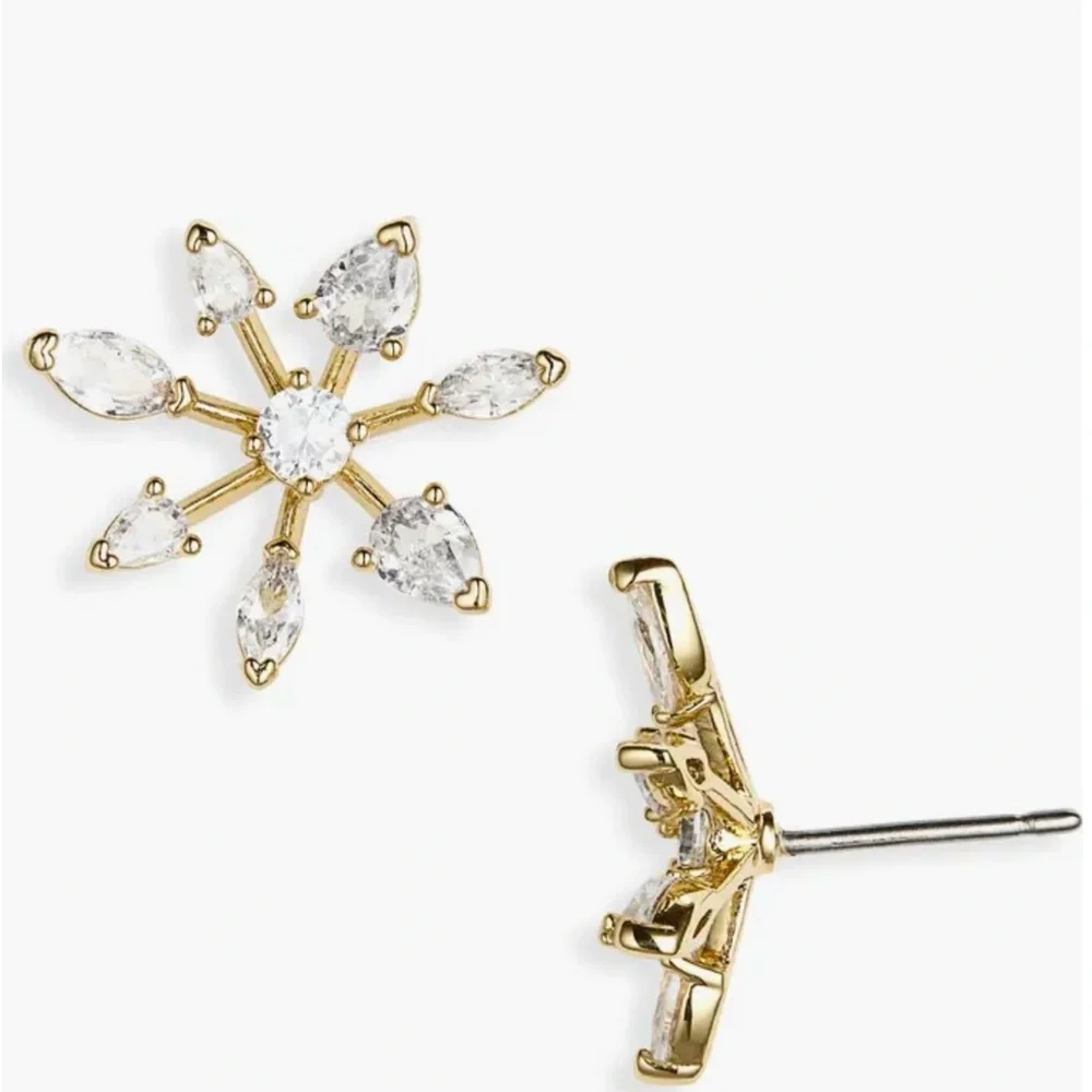 Kate Spade Gold and Clear Cubic Zerconia Snowday Snowflake Stud Earrings